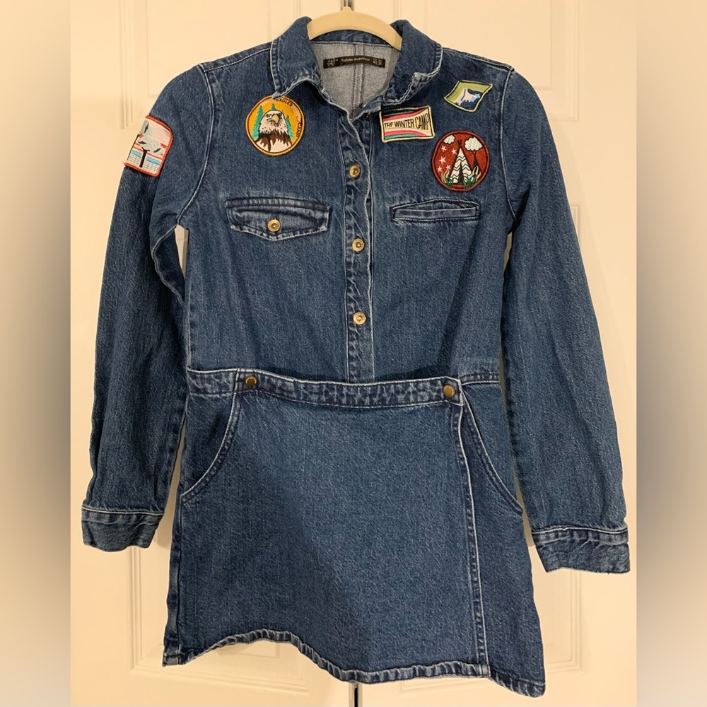 Zara Denim Skort Shorts Jumpsuit with Patches XS